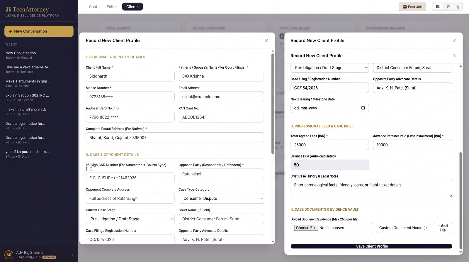 LexsoraLegal client profile showing details