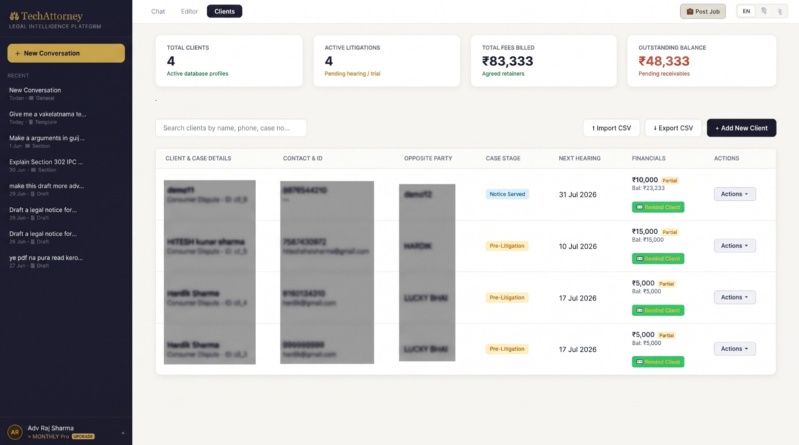 LexsoraLegal client CRM dashboard showing client and case details, contact info, opposite party, case stage, next hearing, and financials